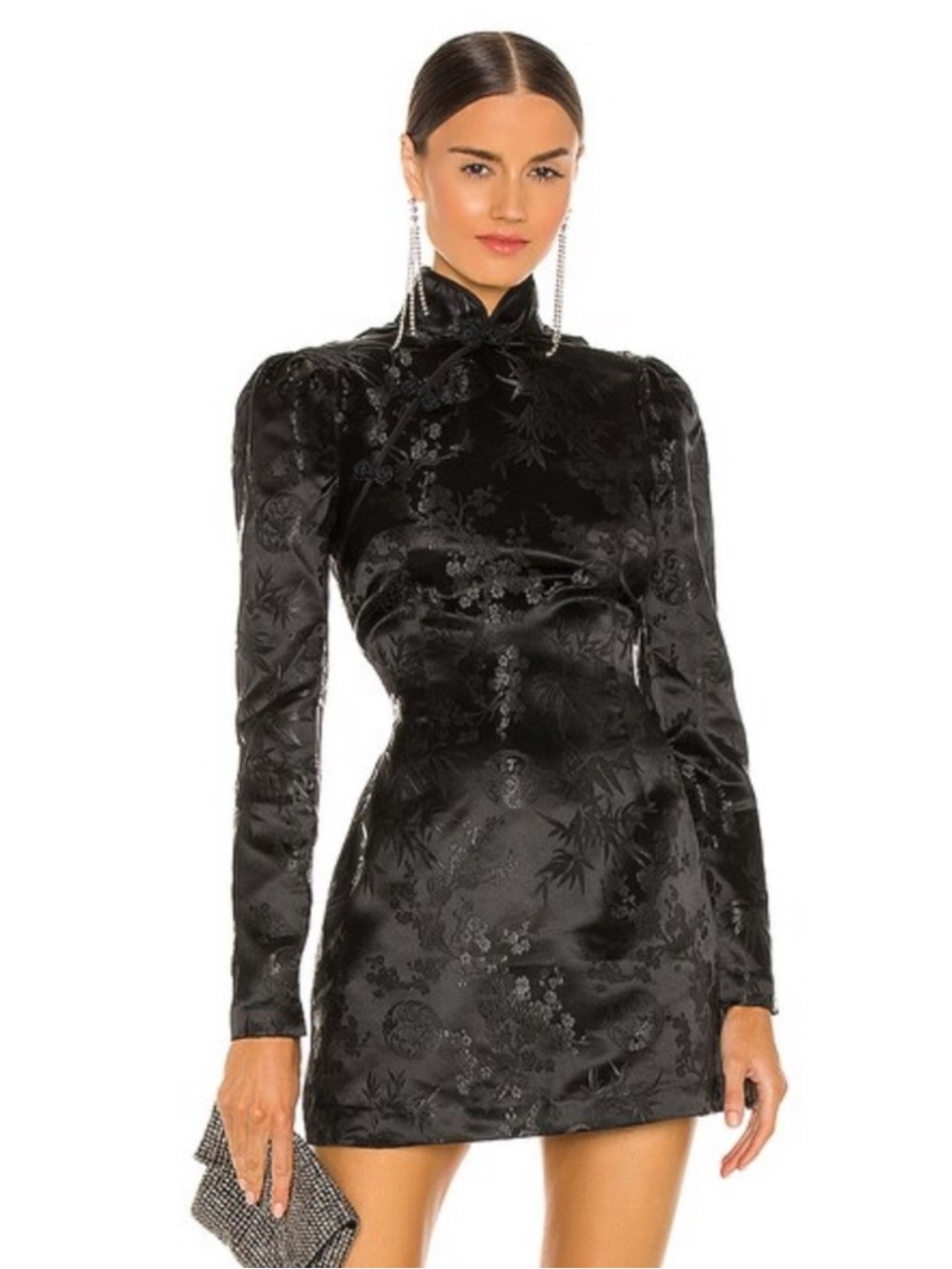 Elegant Black Satin Mini Dress with High Neck